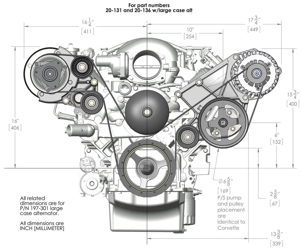 Holley Includes R4 A/C Compressor, Alternator, Power Steering Pump, Belt & Pulleys 20-136BK - Dimension Reference