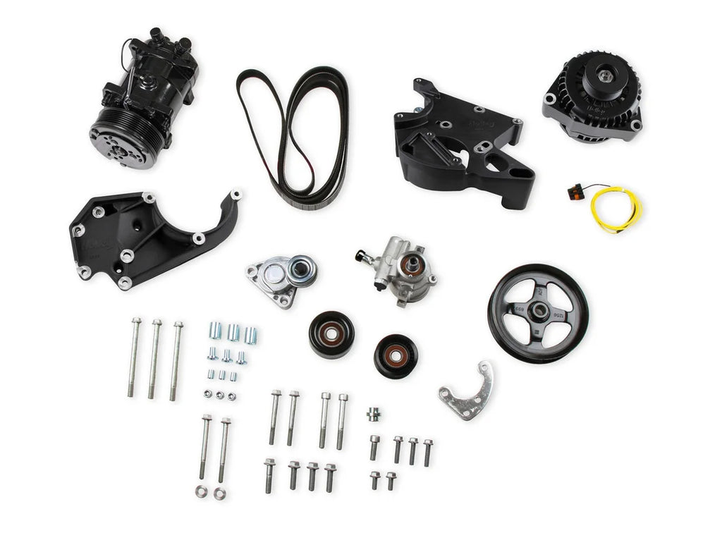 Holley Includes SD508 A/C Compressor, Alternator, P/S Pump, Tensioner, Belt, & Pulleys 20-137BK - Side View