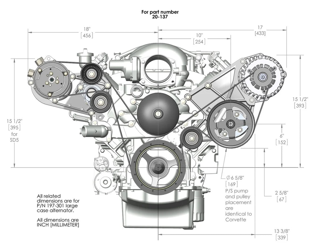 Holley Includes SD508 A/C Compressor, Alternator, P/S Pump, Tensioner, Belt, & Pulleys 20-137BK - Dimension Reference