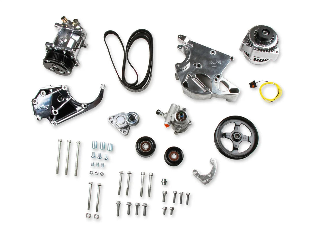 Holley Includes SD508 A/C Compressor, Alternator, P/S Pump, Tensioner, Belt, & Pulleys 20-137P - Side View