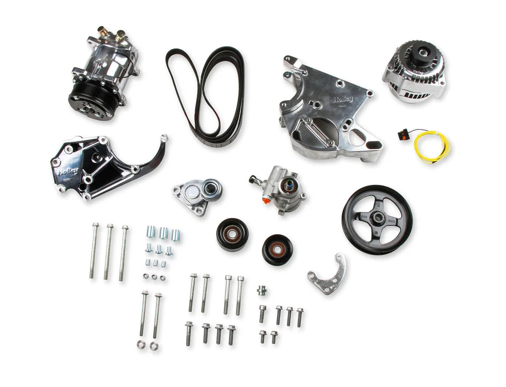 Holley Includes SD508 A/C Compressor, Alternator, P/S Pump, Tensioner, Belt, & Pulleys 20-137P - Side View