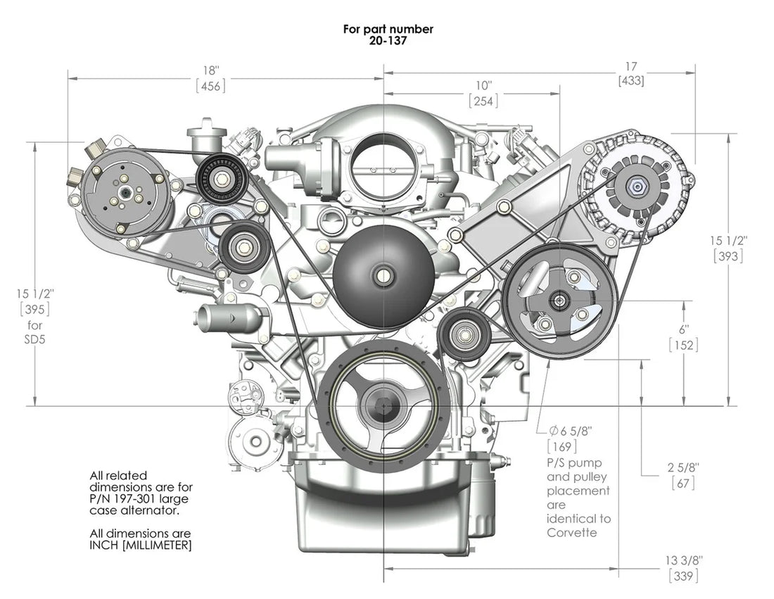 Holley Includes SD508 A/C Compressor, Alternator, P/S Pump, Tensioner, Belt, & Pulleys 20-137P - Dimension Reference