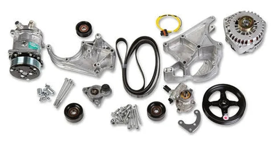 Holley Includes SD508 A/C Compressor, Alternator, P/S Pump, Tensioner, Belt, & Pulleys - Side View
