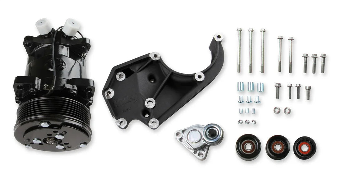 Holley - Includes SD508 A/C Compressor, Tensioner, & Pulleys- Black Finish 20-141BK - Side View