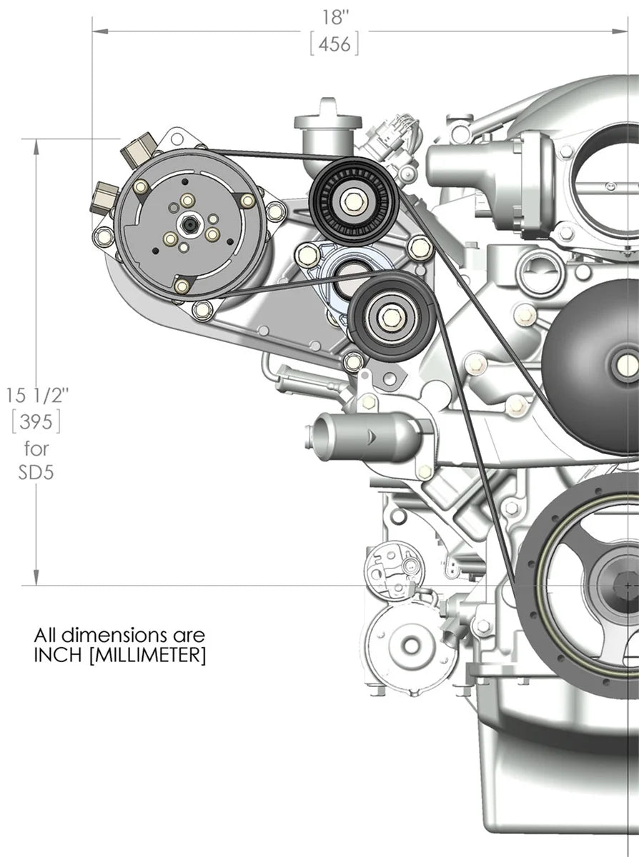 Holley - Includes SD508 A/C Compressor, Tensioner, & Pulleys- Black Finish 20-141BK - Dimension Reference