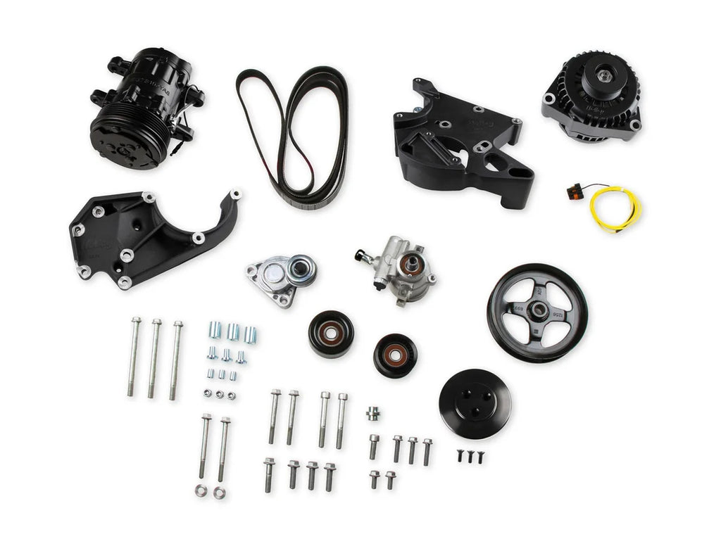 Holley Includes SD7 A/C Compressor, Alternator, P/S Pump, Tensioner, Belt, & Pulleys 20-138BK - Side View
