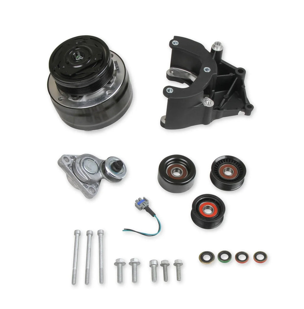 Holley Passenger's Side A/C Bracket - Includes R4 A/C Compressor, Tensioner, & Pulleys 20-140BK - Back View