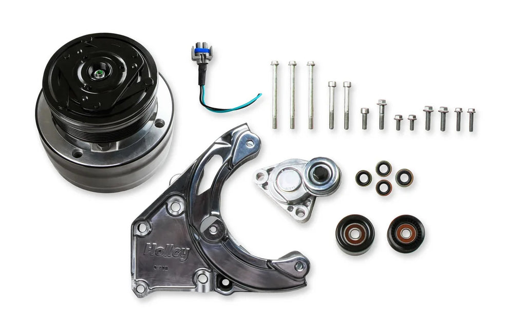 Holley Passenger's Side A/C Bracket - Includes R4 A/C Compressor, Tensioner, & Pulleys 20-140P - Side View