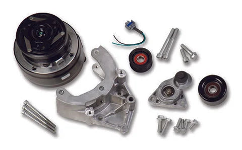 Holley Passenger's Side A/C Bracket - Includes R4 A/C Compressor, Tensioner, & Pulleys - Side View