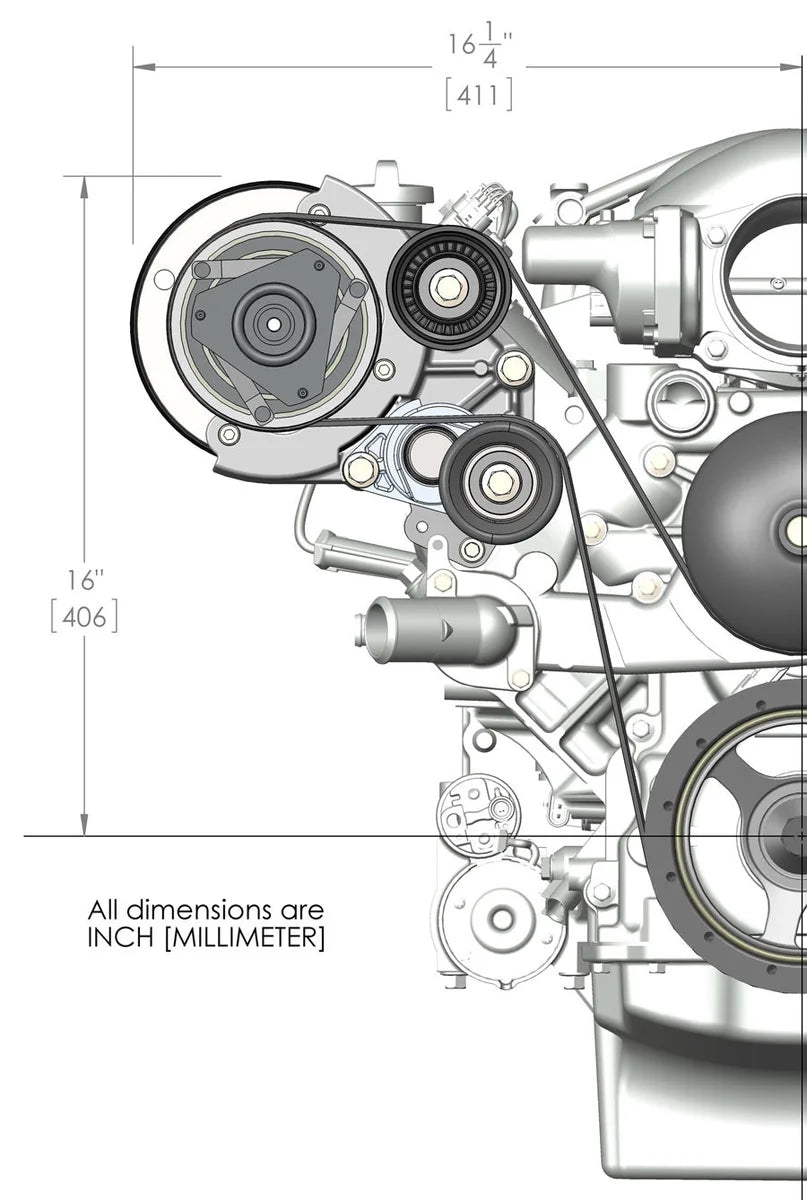 Holley Passenger's Side A/C Bracket - Includes R4 A/C Compressor, Tensioner, & Pulleys - Dimension Reference