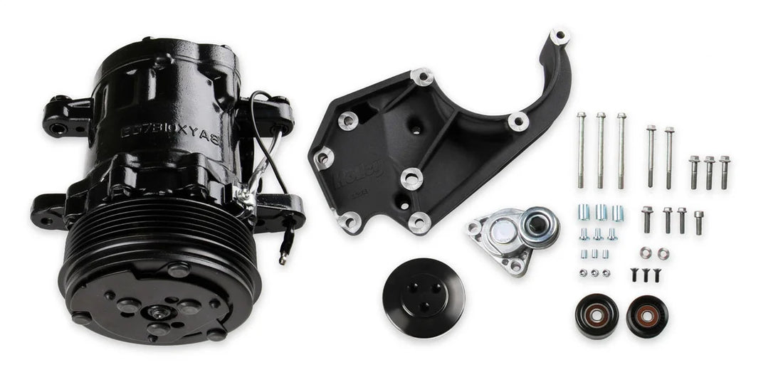 Holley Passenger's Side A/C Bracket - Includes SD7 A/C Compressor, Tensioner, & Pulleys 20-142BK - Side View