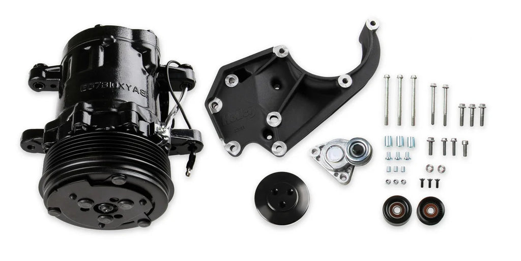Holley Passenger's Side A/C Bracket - Includes SD7 A/C Compressor, Tensioner, & Pulleys 20-142BK - Side View