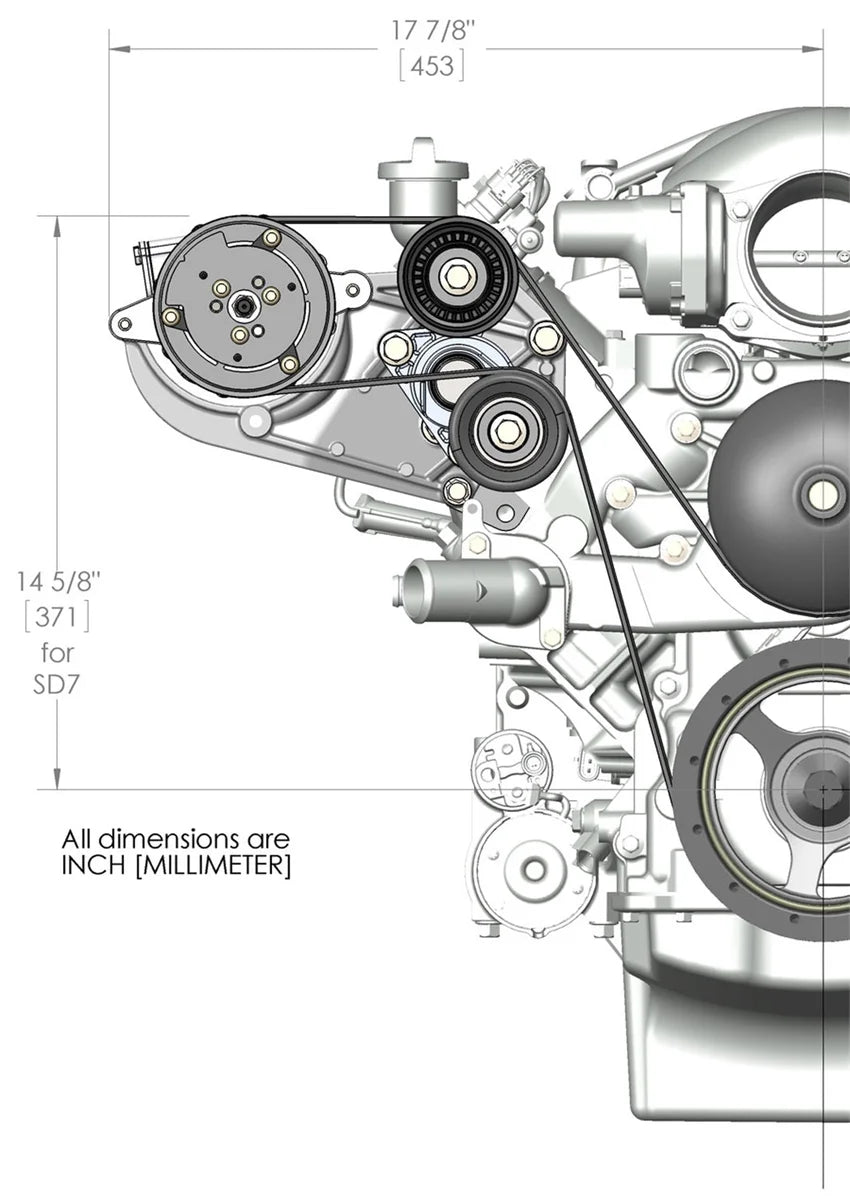 Holley Passenger's Side A/C Bracket - Includes SD7 A/C Compressor, Tensioner, & Pulleys 20-142BK - Dimension Reference