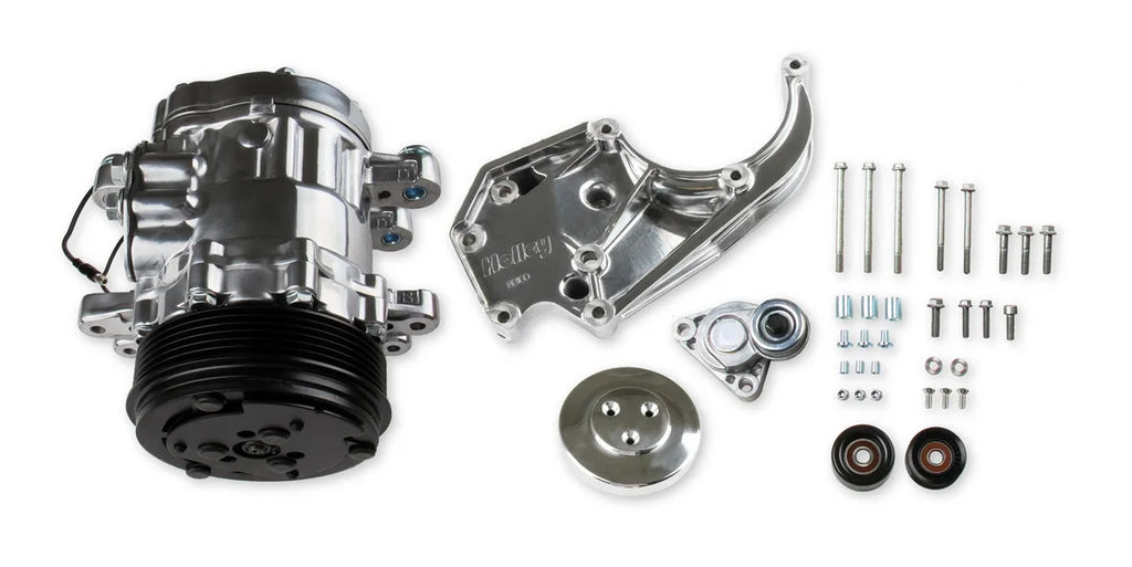 Holley Passenger's Side A/C Bracket - Includes SD7 A/C Compressor, Tensioner, & Pulleys 20-142P - Side View