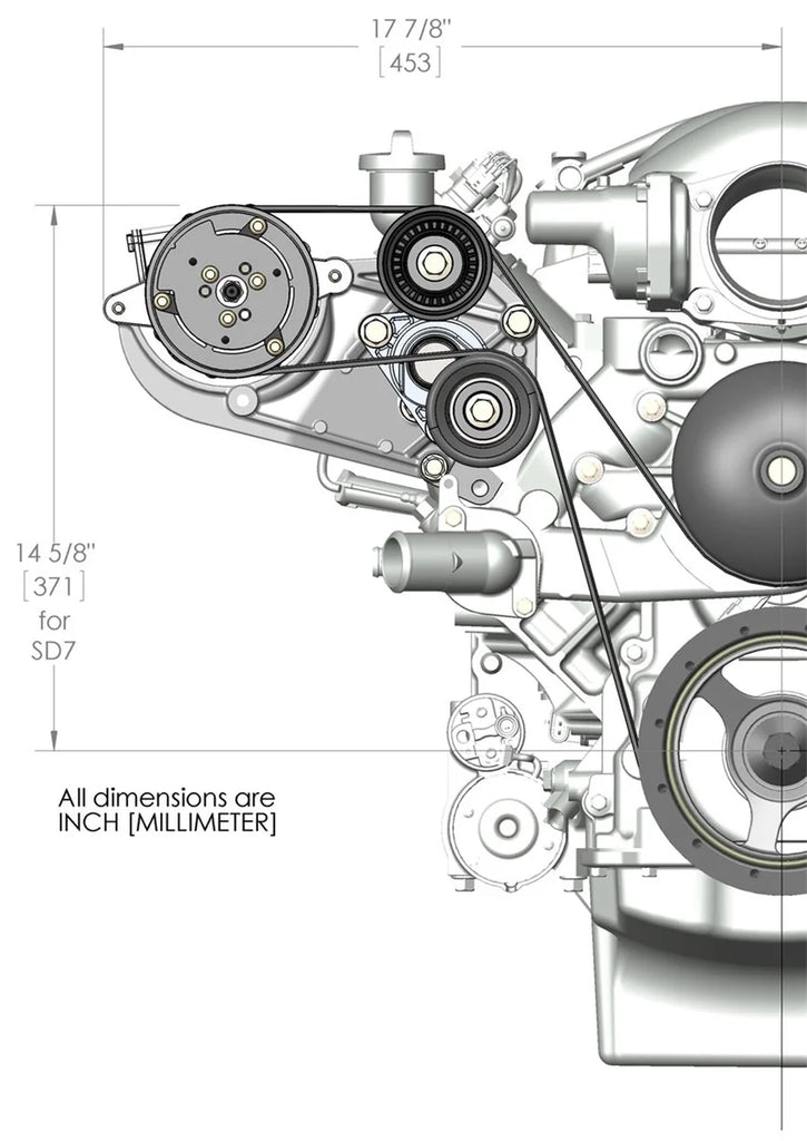 Holley Passenger's Side A/C Bracket - Includes SD7 A/C Compressor, Tensioner, & Pulleys 20-142P - Dimension Reference