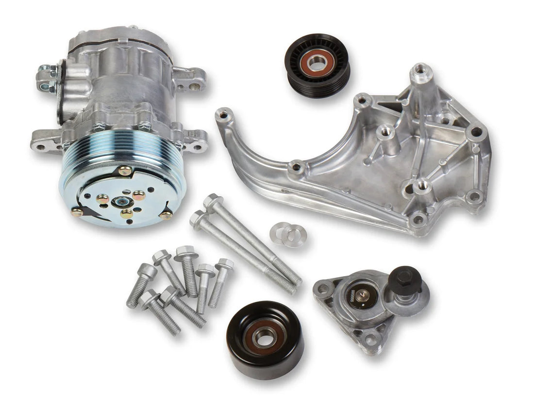 Holley Passenger's Side A/C Bracket - Includes SD7 A/C Compressor, Tensioner, & Pulleys - Side View