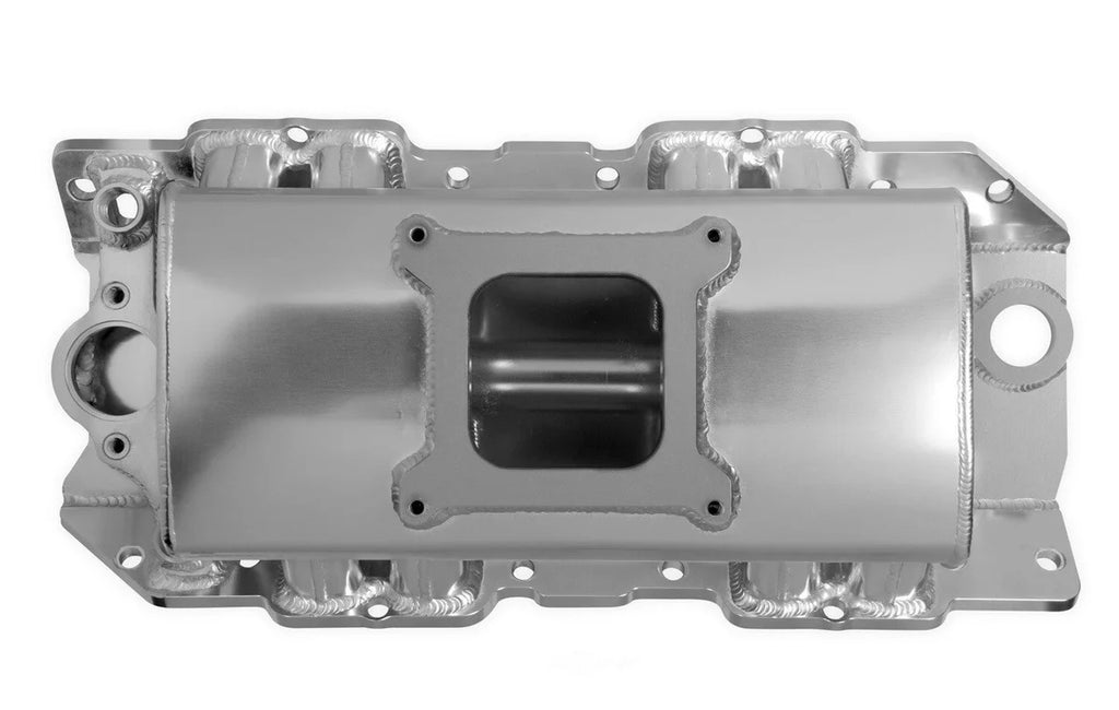 Holley Sniper EFI Fabricated Intake Manifold Single Plane 1 x 4150 Silver with Sniper Logo 835011 fits BBC - Back View