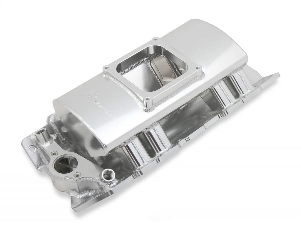 Holley Sniper EFI Fabricated Intake Manifold Single Plane 1 x 4500 Silver with Sniper Logo 835161 fits BBC - Side View