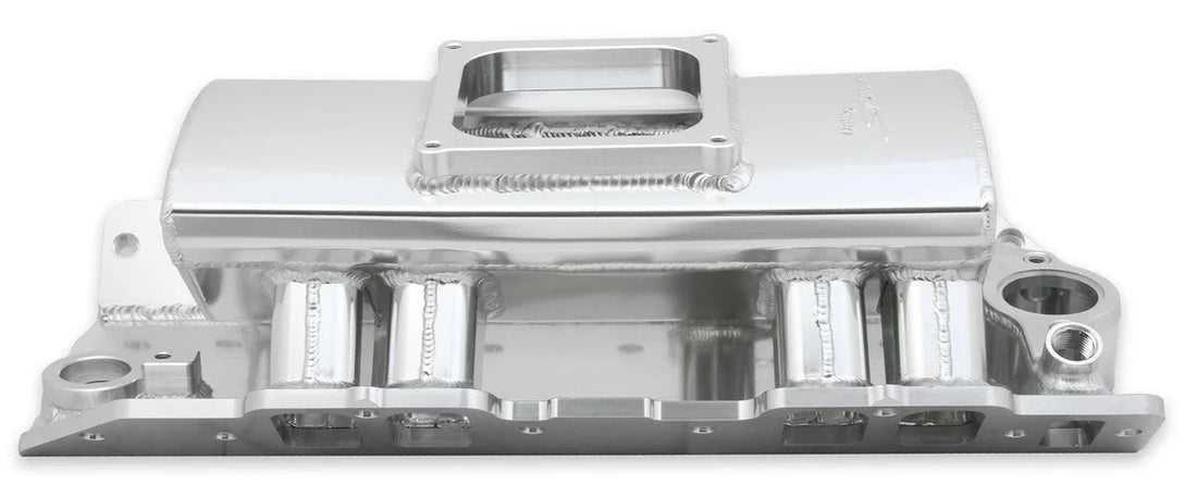 Holley Sniper EFI Fabricated Intake Manifold Single Plane 1 x 4500 Silver with Sniper Logo 835161 fits BBC - Back View