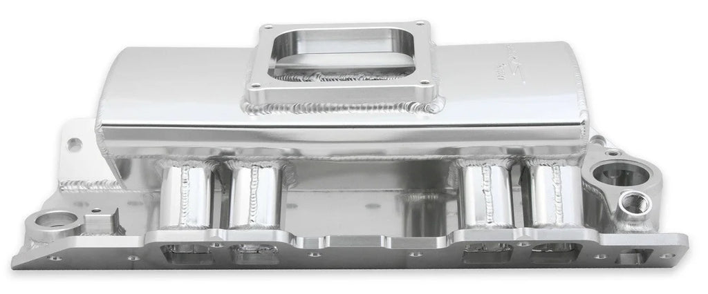 Holley Sniper EFI Fabricated Intake Manifold Single Plane 1 x 4500 Silver with Sniper Logo 835161 fits BBC - Back View