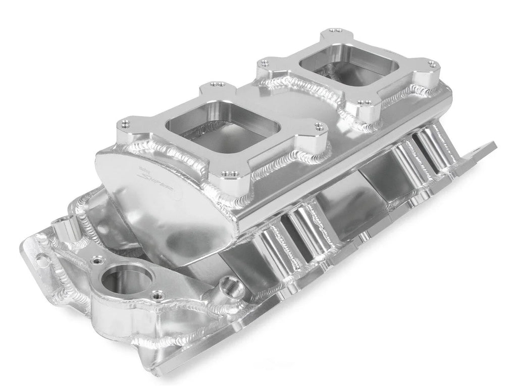 Holley Sniper EFI Fabricated Intake Manifold Single Plane 2 x 4150 Silver with Sniper Logo 835061 fits BBC - Main Product ...