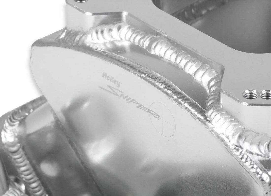 Holley Sniper EFI Fabricated Intake Manifold Single Plane 2 x 4150 Silver with Sniper Logo 835061 fits BBC - Back View