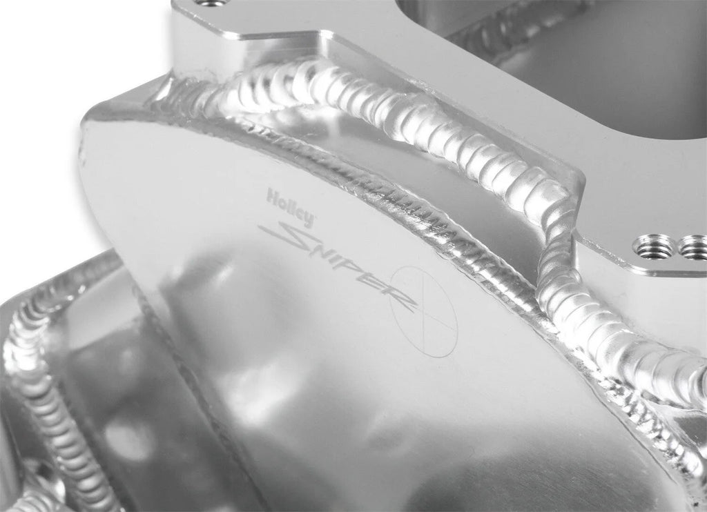 Holley Sniper EFI Fabricated Intake Manifold Single Plane 2 x 4150 Silver with Sniper Logo 835061 fits BBC - Back View