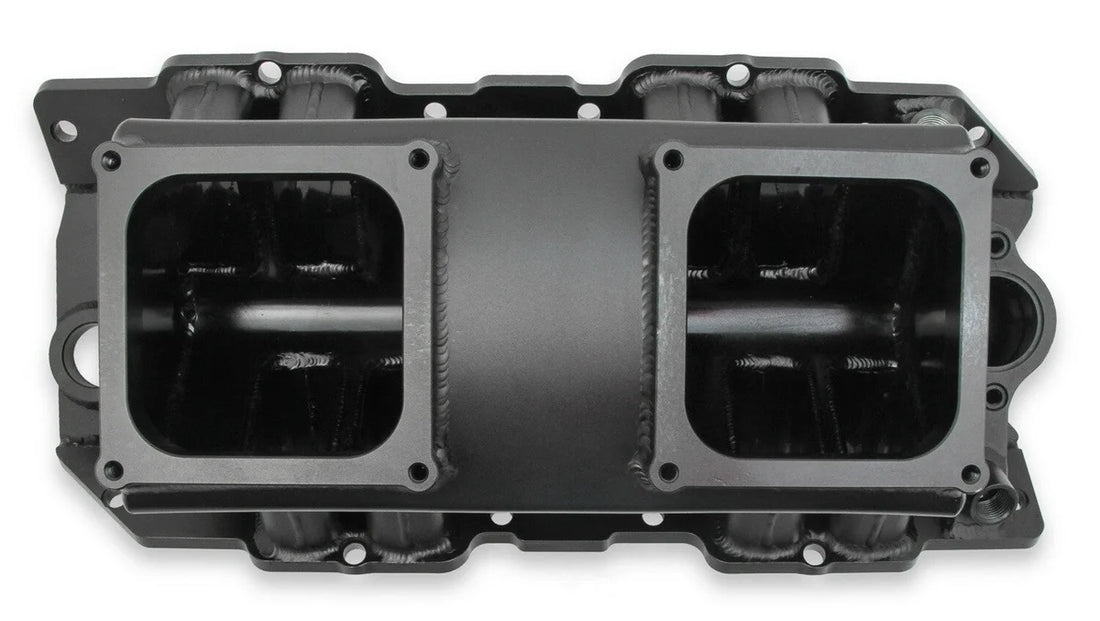 Holley Sniper EFI Fabricated Intake Manifold Single Plane 2 x 4500 Black with Sniper Logo 835172 fits BBC - Side View