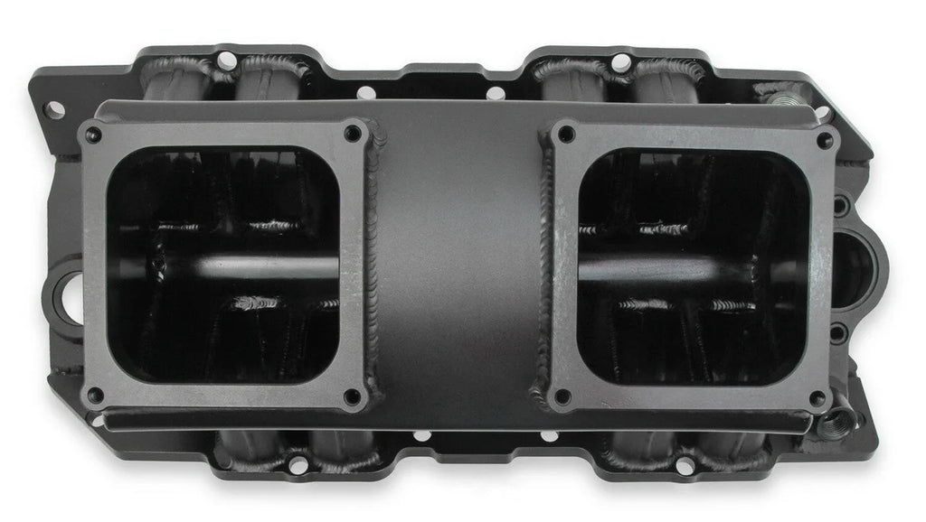 Holley Sniper EFI Fabricated Intake Manifold Single Plane 2 x 4500 Black with Sniper Logo 835172 fits BBC - Side View