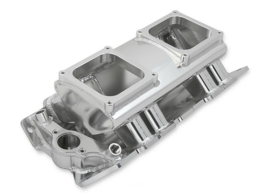 Holley Sniper EFI Fabricated Intake Manifold Single Plane 2 x 4500 Silver with Sniper Logo 835171 fits BBC - Side View