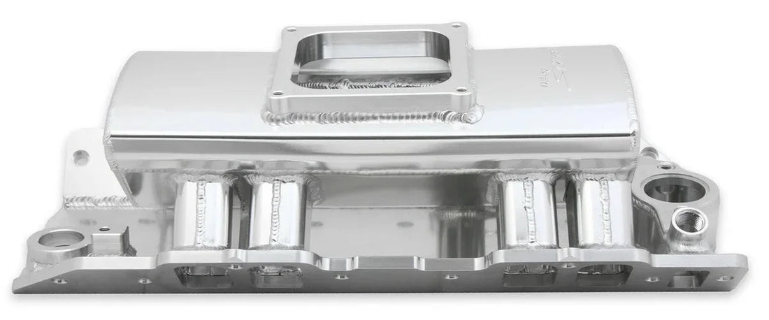 Holley Sniper EFI Fabricated Intake Manifold Single Plane 1 x 4500 Silver with Sniper Logo 835161 fits BBC - Back View