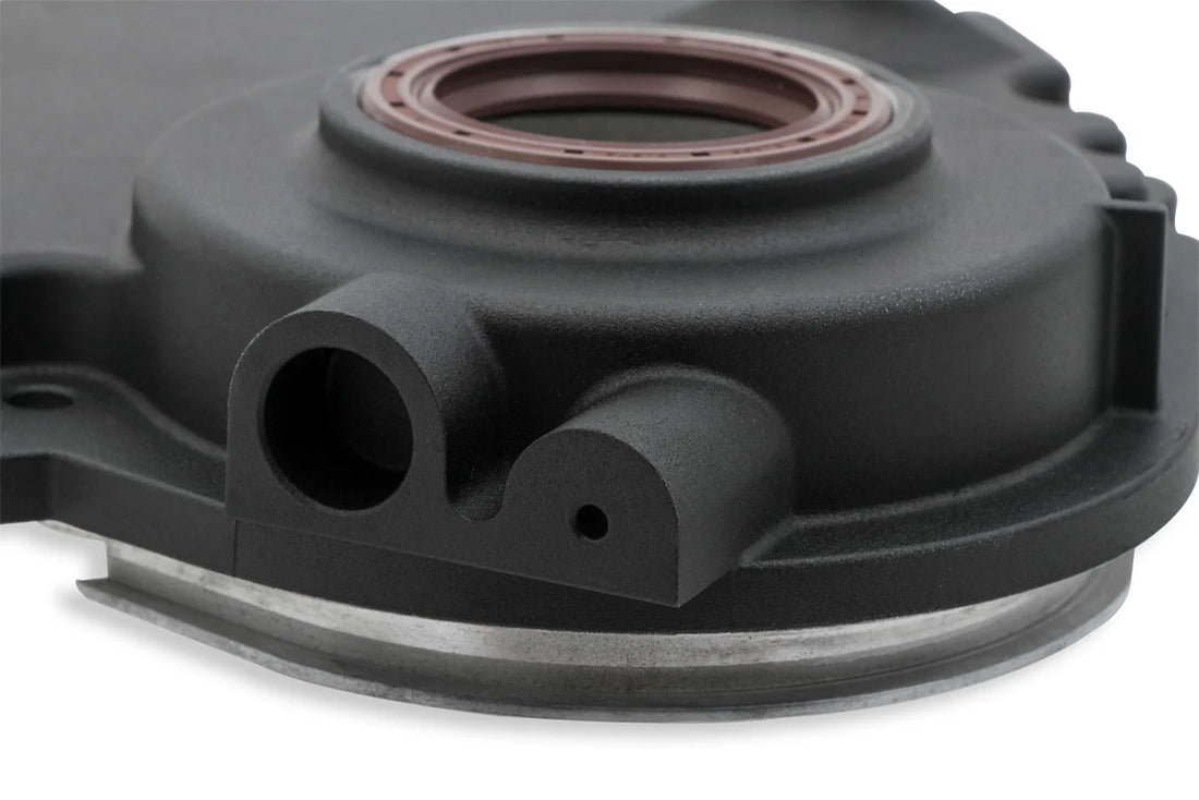 Holley Vortec/Small Block Chevy Cast Aluminum Timing Chain Cover - Black Finish 21-151 - Back View