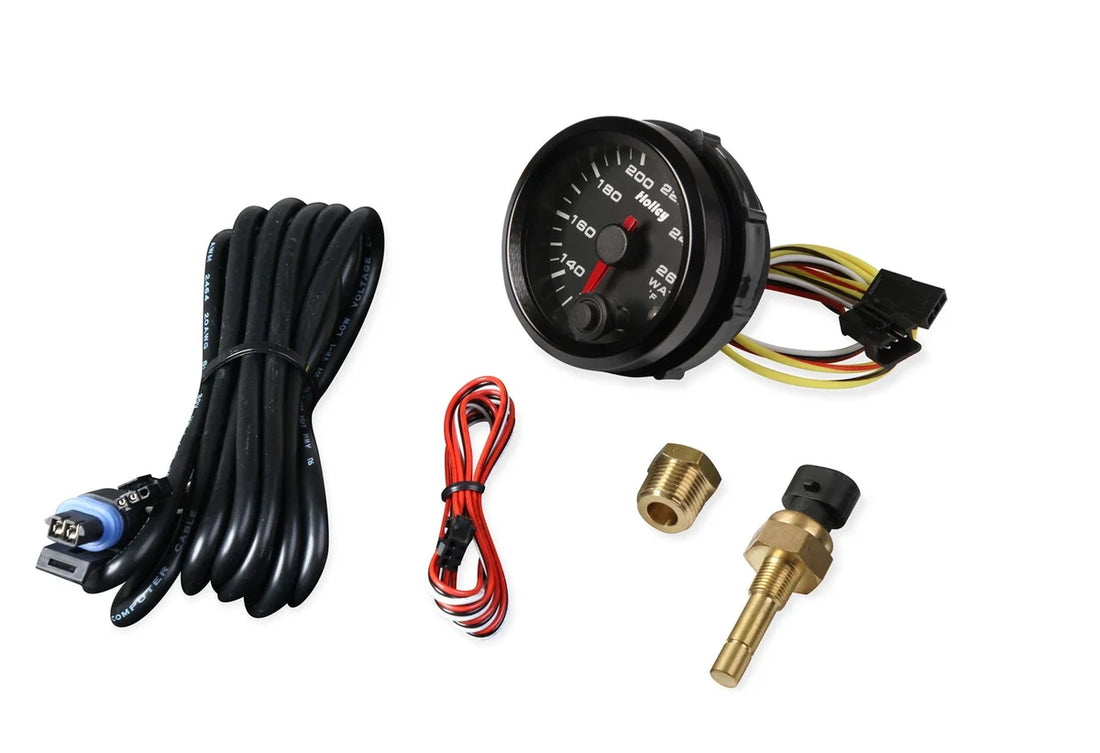 Holley Water temperature - Standard 2-1/16" size - 120°-260° - Black Face - Black Bezel 26-602 - Side View