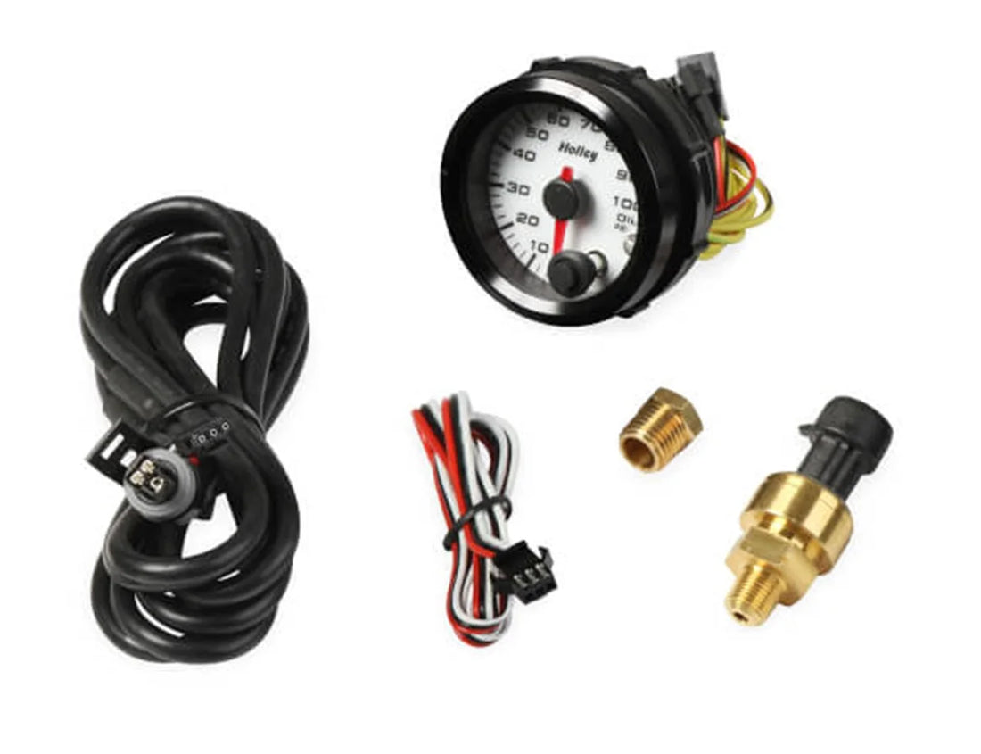 Holley White 2-1/16" Oil Pressure 10-100 psi-Holley logo 26-601W - Side View