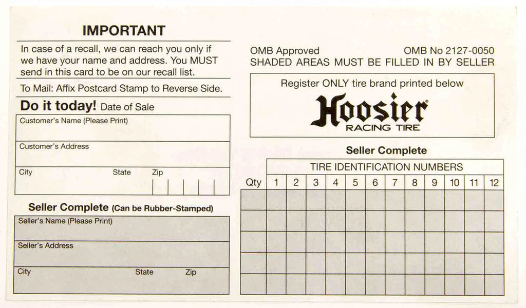 Hoosier Racing Tires Hoosier Registration Card CIM200