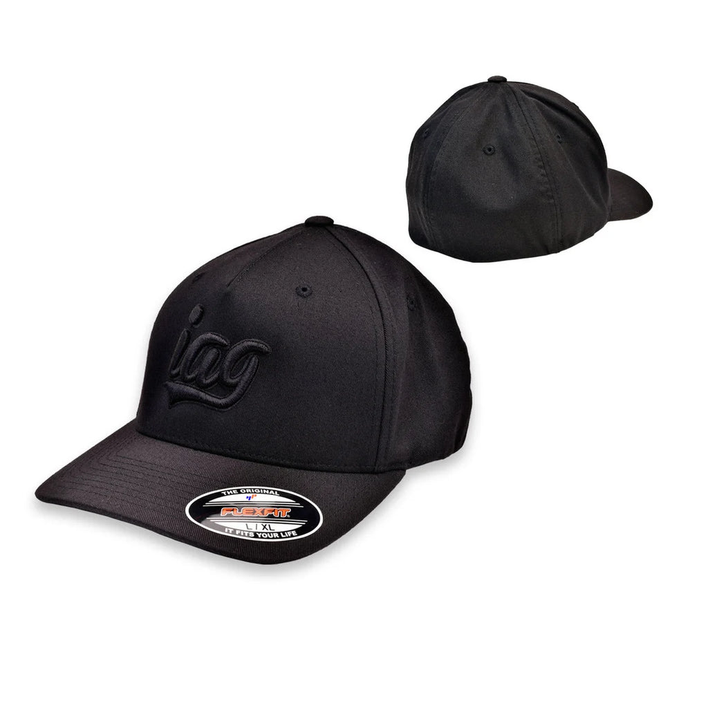 IAG Performance IAG Performance Black Flexfit Cap with Black Script Logo in size large/x-large IAG-APP-2043LXL - Side View