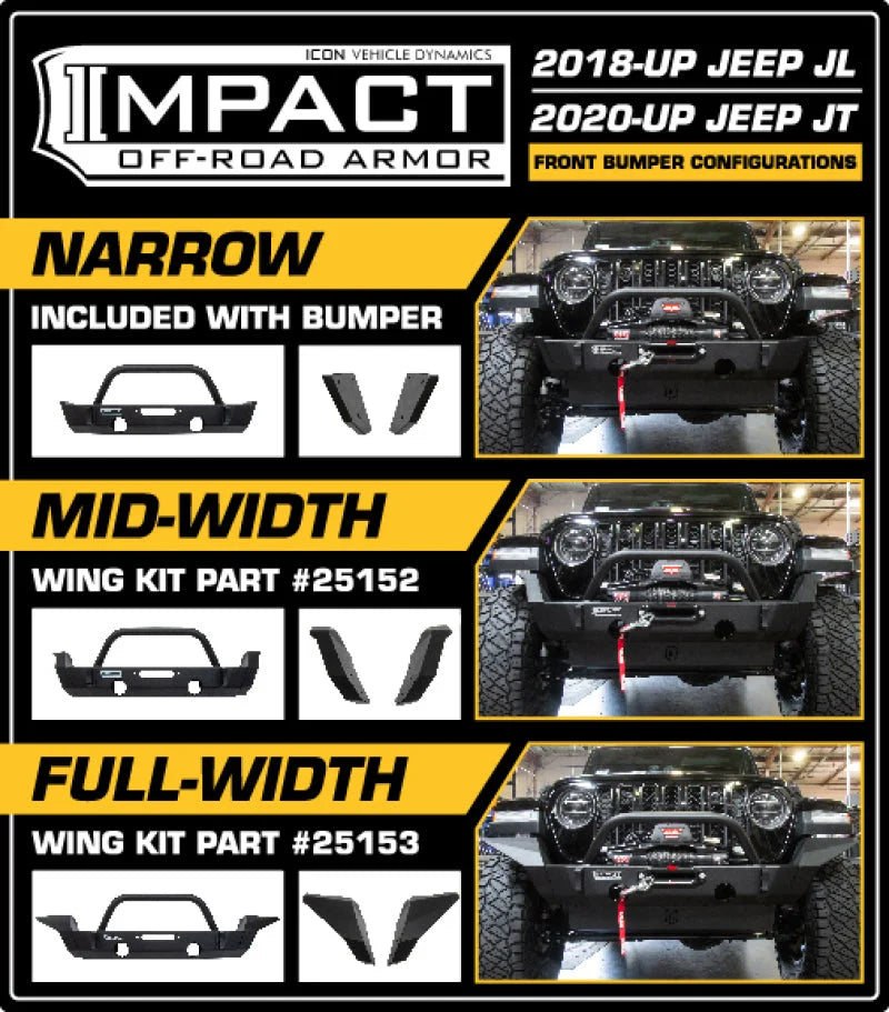 ICON 2018+ Jeep Wrangler JL / 2020+ JT Front Impact Bumper Full Width Wings - Detail View