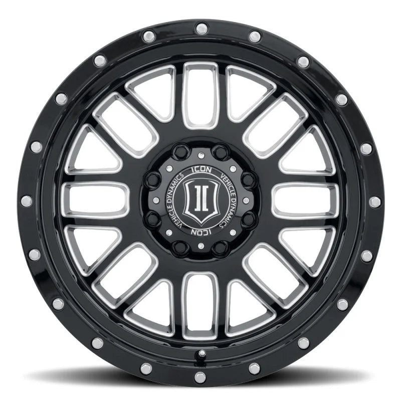 ICON Alpha 20x9 6x135 16mm Offset 5.625in BS Gloss Black Milled Spokes Wheel - Side View