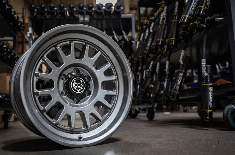 ICON Anza 17x8.5 6x5.5 0mm Offset 4.75in BS 106.1mm Hub Bore Gun Metal Wheel - Installation View