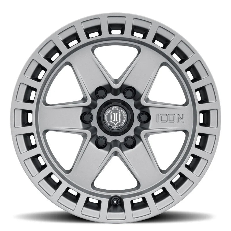 ICON Raider 17x8.5 6x135 6mm Offset 5in BS Titanium Wheel - Side View