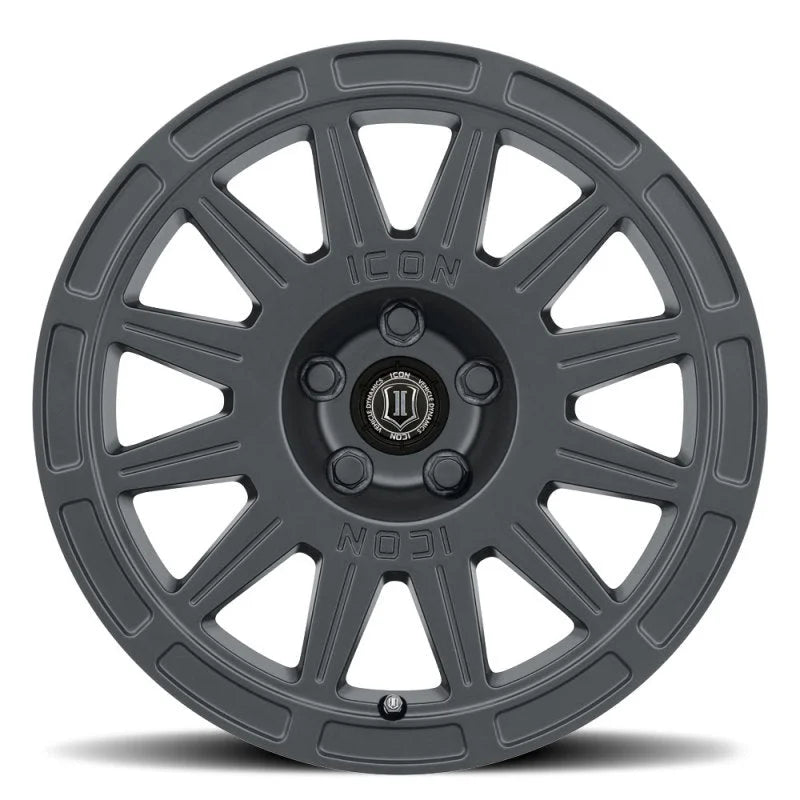 ICON Ricochet 15x7 5x100 15mm Offset 4.6in BS 56.1mm Bore Satin Black Wheel - Back View
