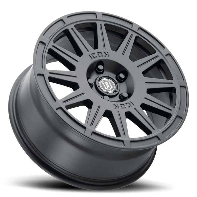 ICON Ricochet 17x8 5x100 38mm Offset 6in BS Satin Black Wheel - Back View