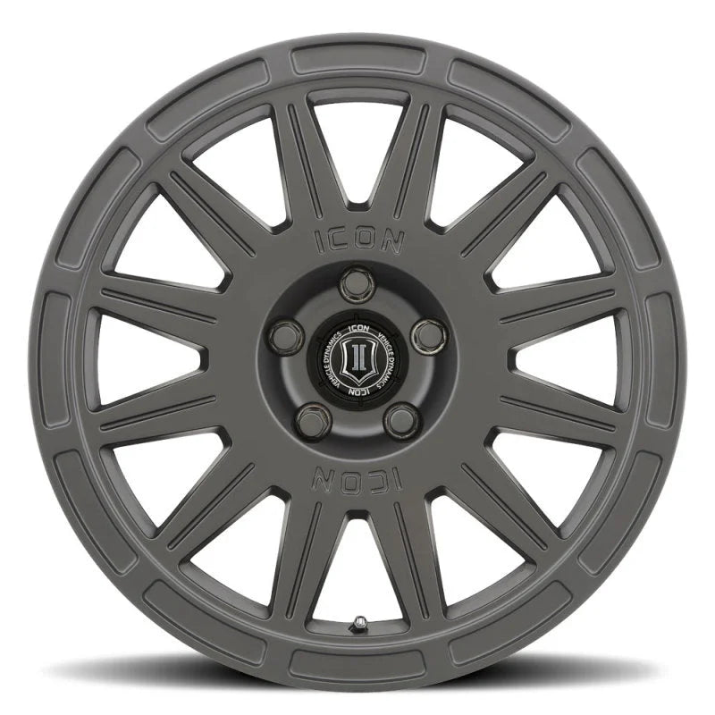 ICON Ricochet 17x8 5x108 38mm Offset 6in BS Satin Black Wheel - Side View