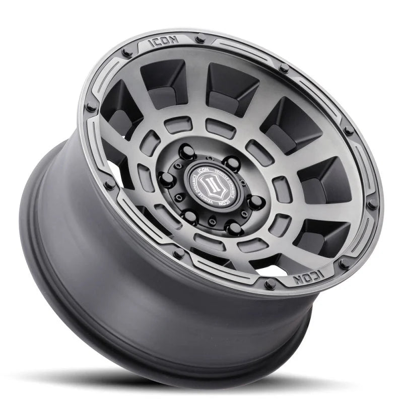 ICON Thrust 17x8.5 5x4.5 0mm Offset 4.75in BS Smoked Satin Black Tint Wheel - Detail View