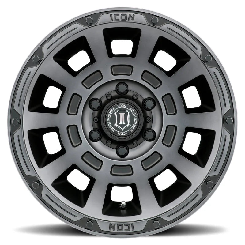 ICON Thrust 17x8.5 6x5.5 25mm Offset 5.75in BS 95.1mm Bore Smoked Satin Black Wheel - Side View