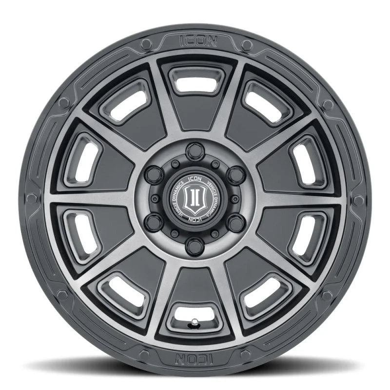 ICON Victory 17x8.5 5x4.5 0mm Offset 4.75in BS Smoked Satin Black Tint Wheel - Side View