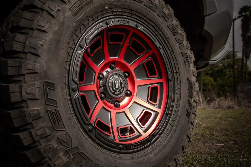 ICON Victory 17x8.5 6x120 0mm Offset 4.75in BS Satin Black w/Red Tint Wheel - Side View