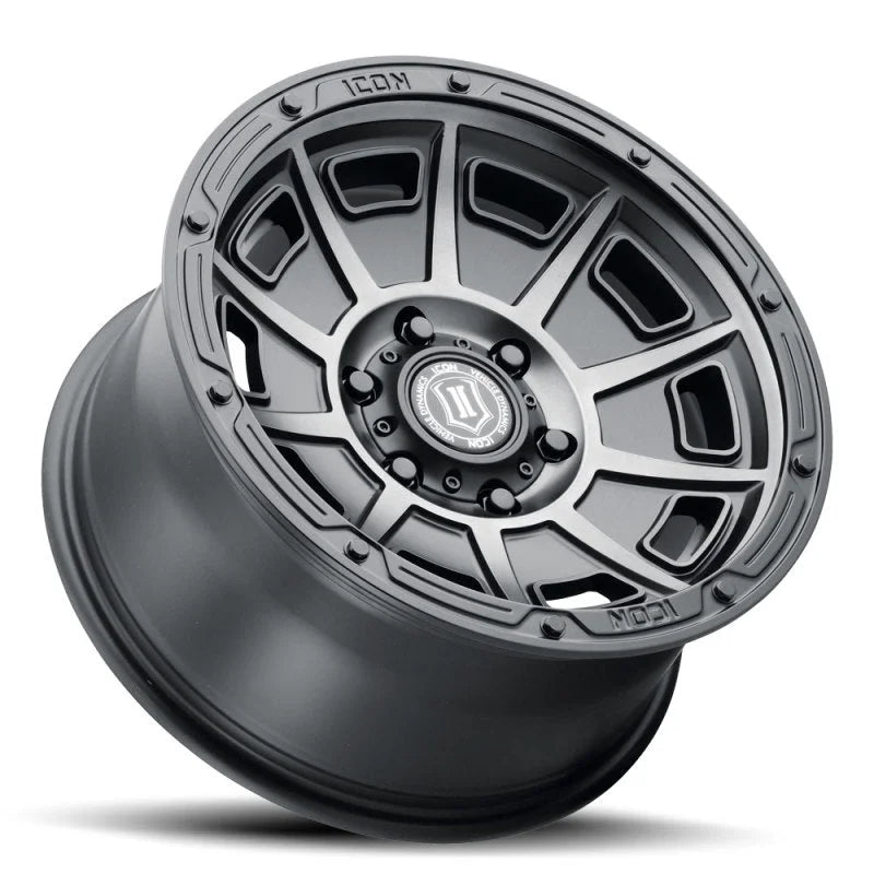 ICON Victory 17x8.5 6x5.5 0mm Offset 4.75in BS Smoked Satin Black Tint Wheel - Detail View