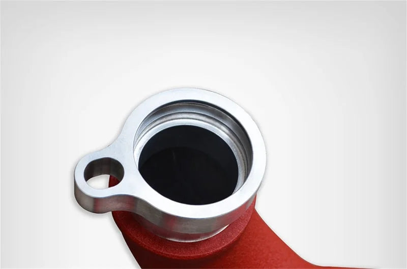 Injen 15-16 BMW M3(F80)/M4 (F82/83) 3.0L L6 Twin Turbo 2PC Aluminum Int. Charge Pipe - Wrinkle Red - Side View