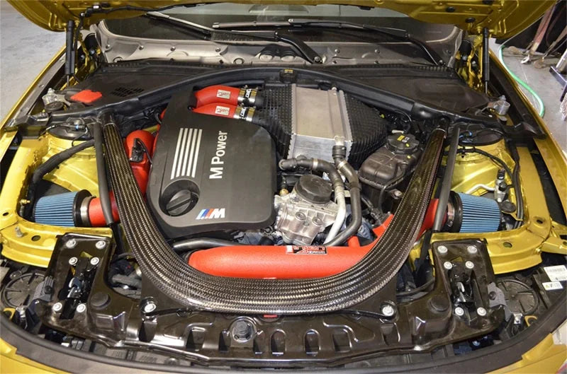 Injen 15-16 BMW M3(F80)/M4 (F82/83) 3.0L L6 Twin Turbo 2PC Aluminum Int. Charge Pipe - Wrinkle Red - Back View